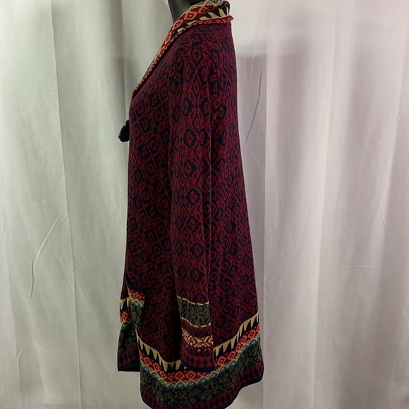 Sahalie Red Multicolor Printed Zip Front Wool Blend Duster Cardigan - Picture 2 of 16